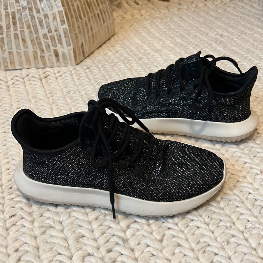 Women's Tubular Shadow Glitter Black Knit Lace Up Sneakers